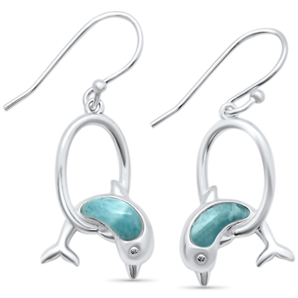 Natural Larimar Dolphins Jumping Hoops .925 Sterling Silver Drop DANGLE Earrings