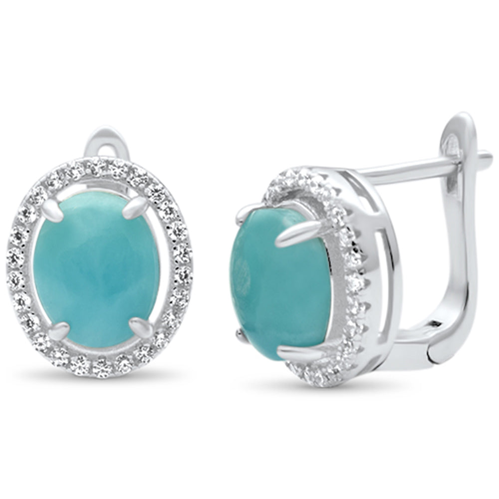 Natural Larimar Oval Halo Cubic Zirconia .925 STERLING SILVER Earrings