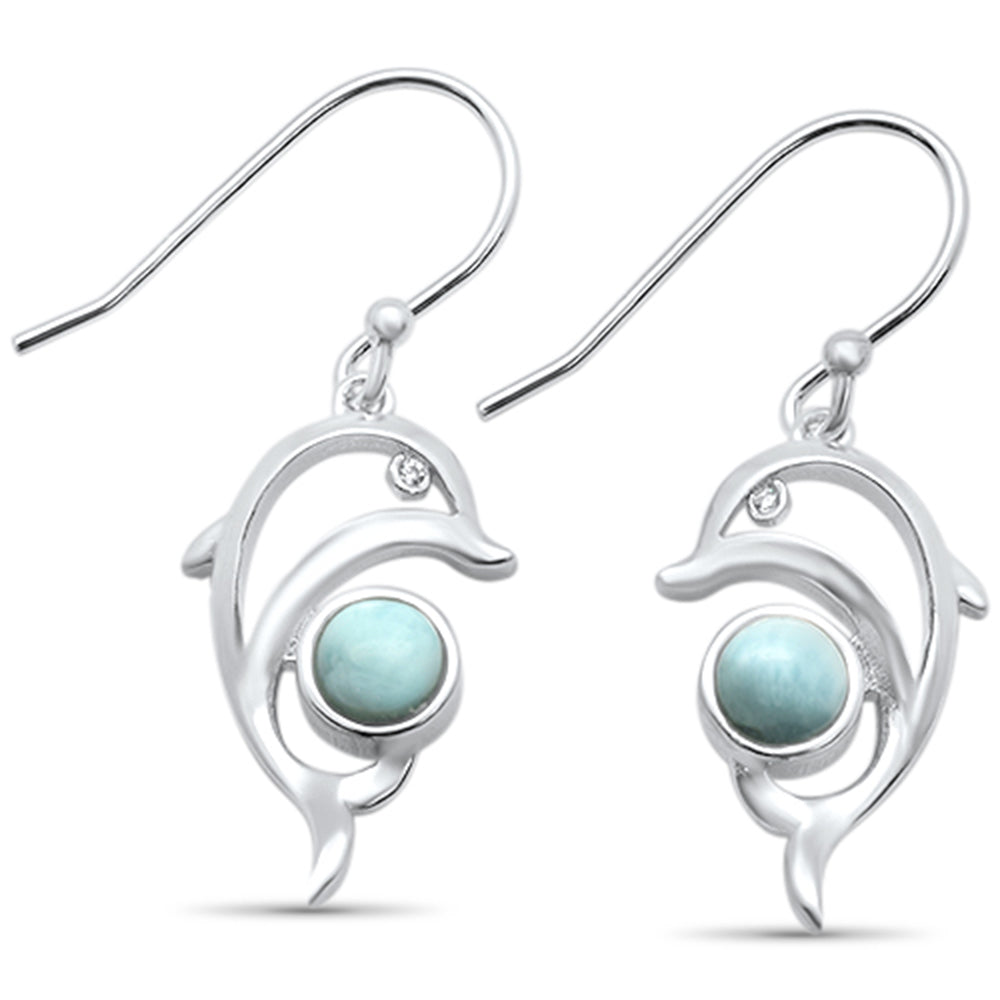 Natural Larimar Dolphin .925 Sterling Silver Drop Dangle Earrings