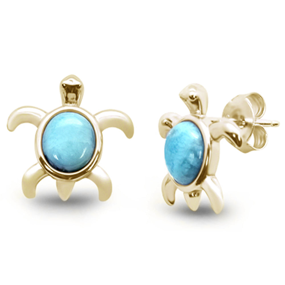 Yellow GOLD Plated Natural Larimar Turtle .925 Sterling Silver Earrings