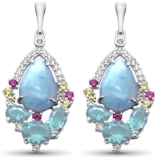 ''Pear Shaped Natural Larimar, AQUAMARINE, Multi Color & White CZ .925 Sterling Silver Earrings''