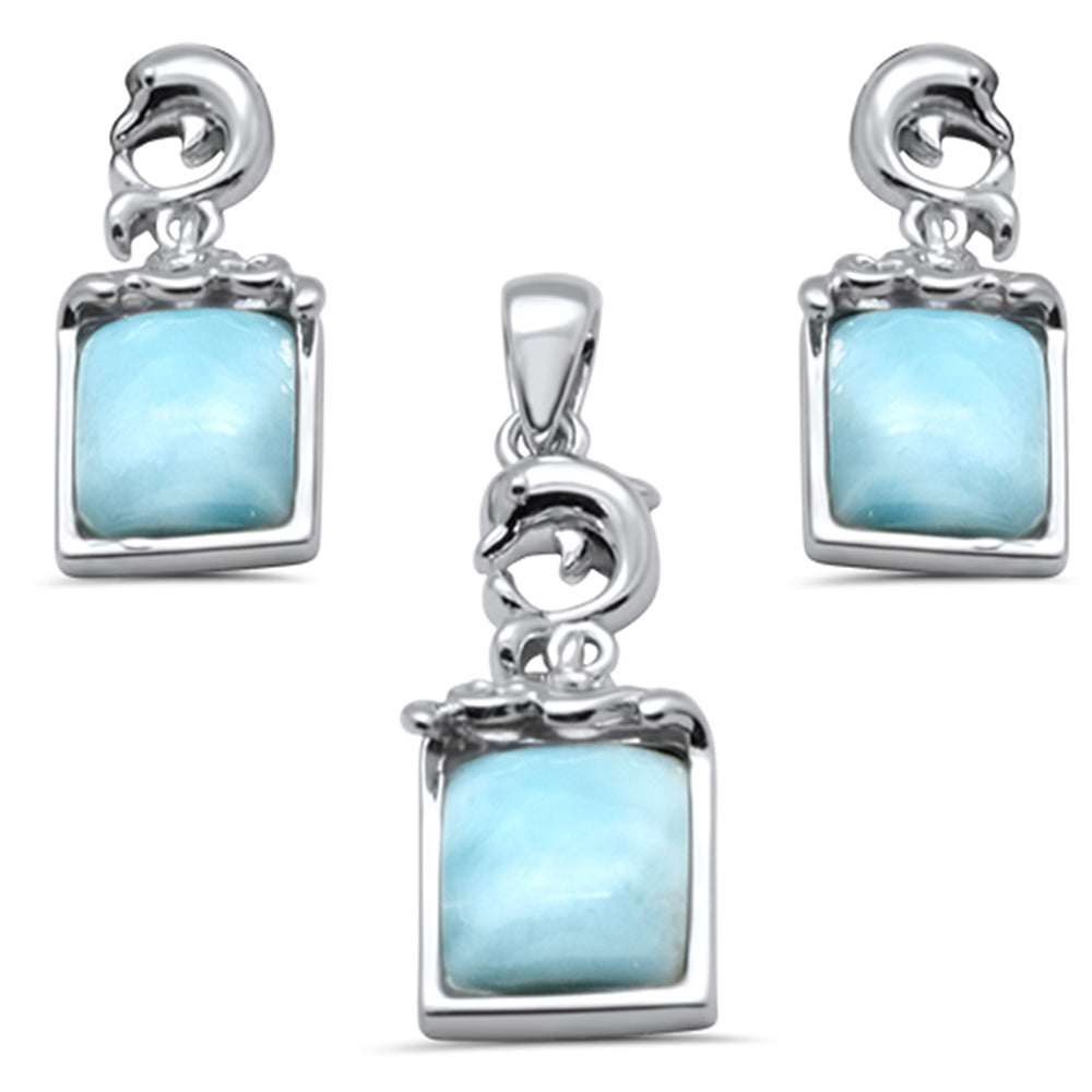 Radiant Cut Natural Larimar Dolphin .925 Sterling Silver Pendant & EARRINGS Set