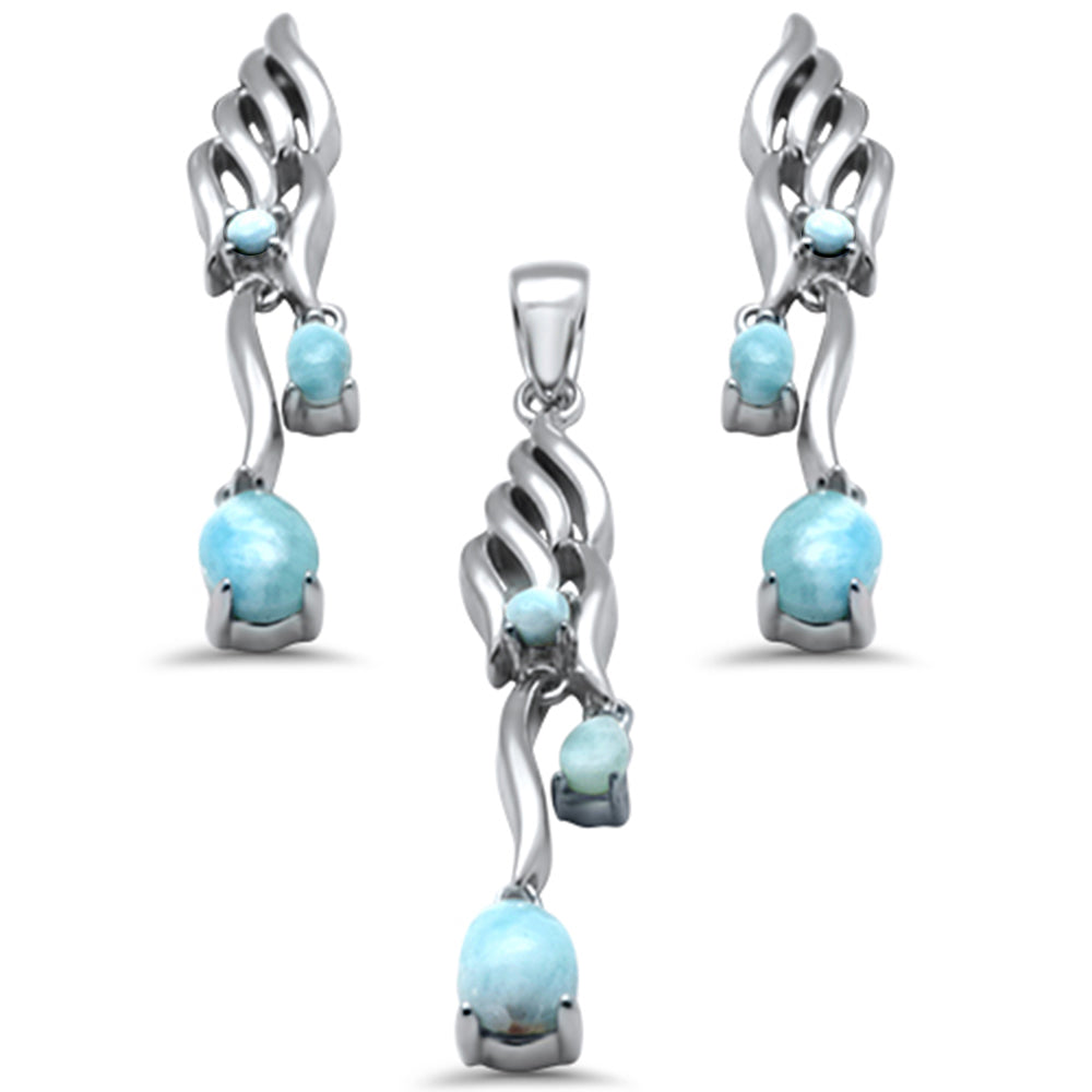 Pear Shape Natural Larimar Dangling .925 Sterling Silver PENDANT & Earrings Set