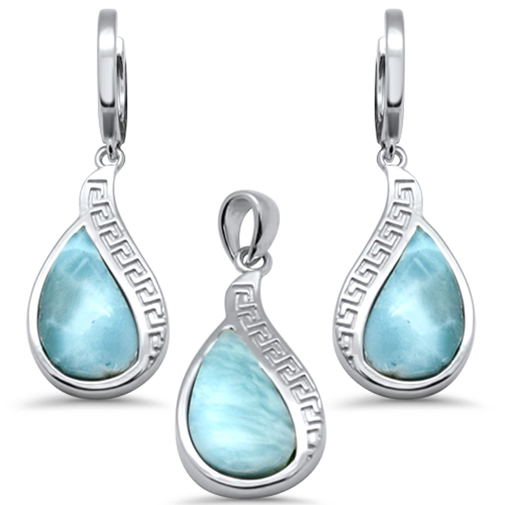 Teardrop Natural Larimar Greek Design .925 Sterling Silver PENDANT & Earrings Set