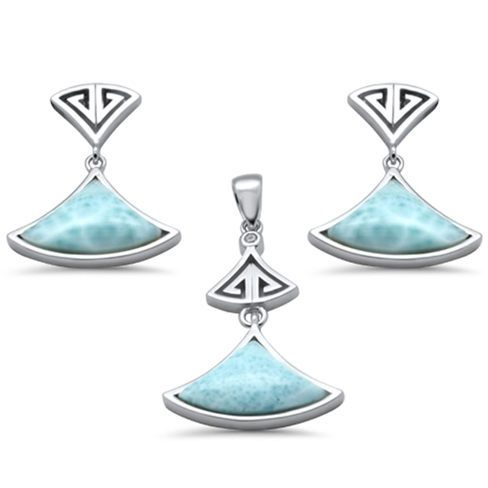 Natural Larimar & CZ Greek Design .925 STERLING SILVER Pendant & Earrings Set