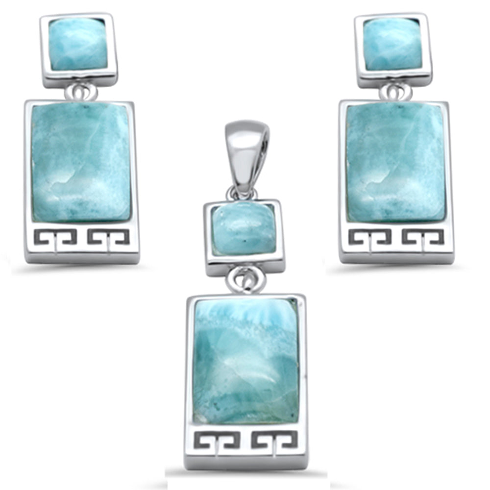 Square & Rectangle Natural Larimar Greek Design .925 Sterling Silver PENDANT & Earrings Set