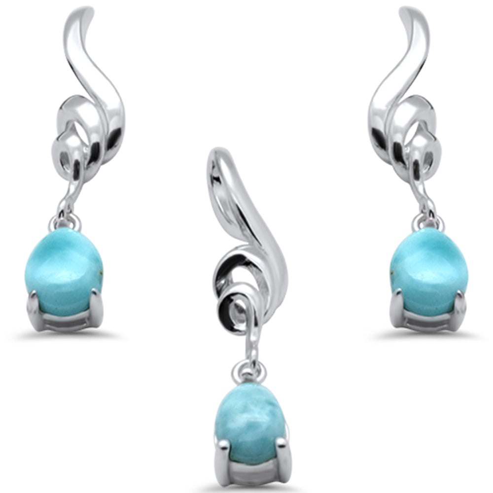 Pear Shape Natural Larimar Dangling Swirly Design .925 Sterling Silver Pendant & EARRINGS Set