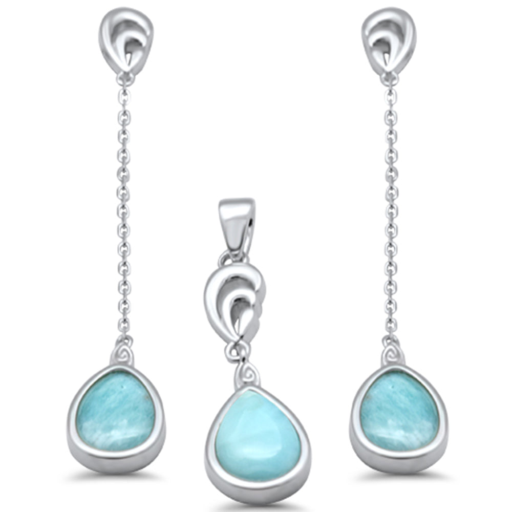 Pear Shape Natural Larimar Dangling Drop .925 Sterling Silver PENDANT & Earrings Set