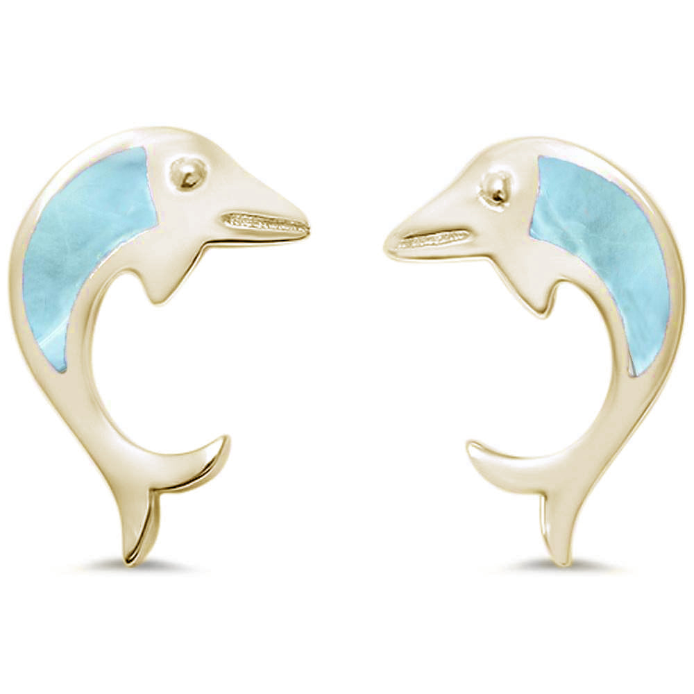 Yellow GOLD Plated Natural Larimar Dolphin .925 Sterling Silver Earrings