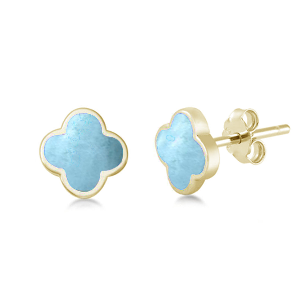 Yellow Gold Plated Larimar Clover Flower .925 Sterling Silver EARRINGS