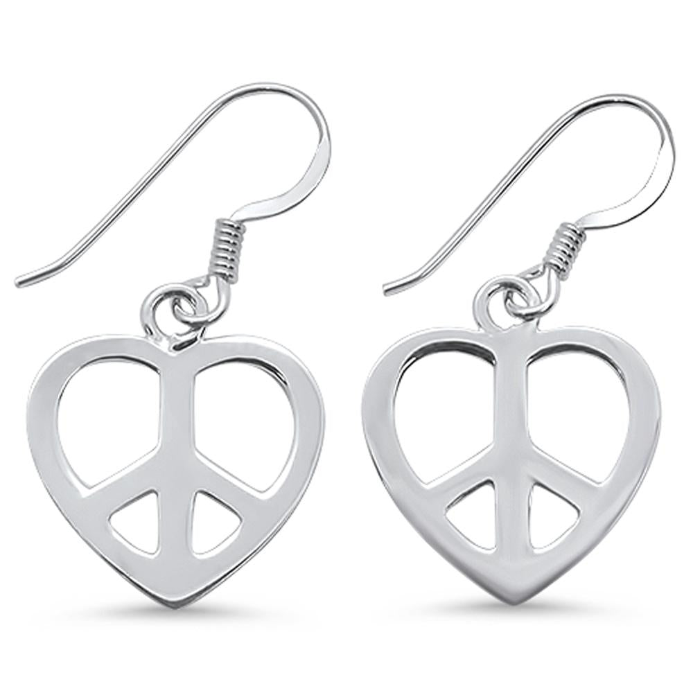 CLOSEOUT! Plain Heart PEACE Sign Dangling .925 Sterling Silver Earrings