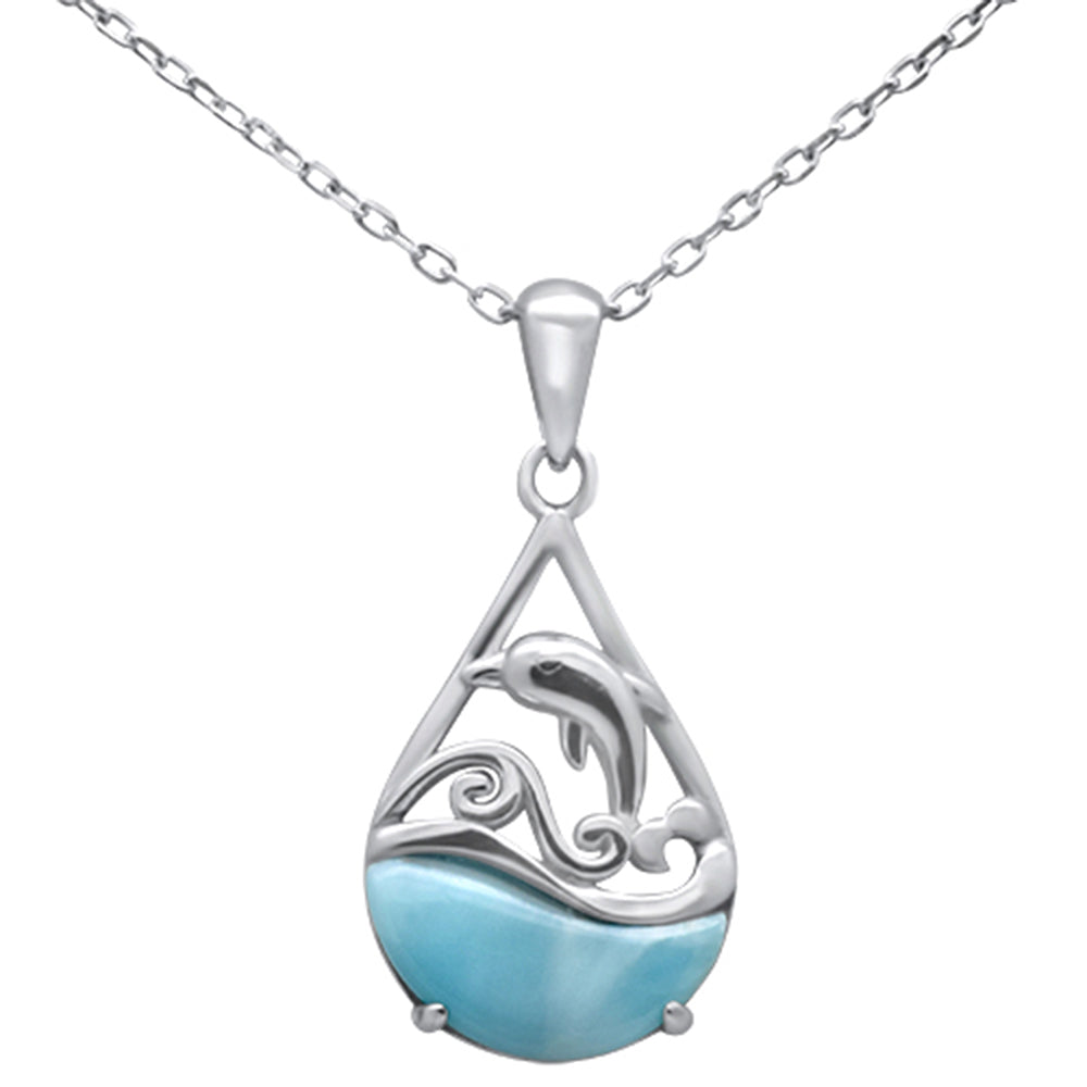 ''Tear Drop Shape Larimar Dolphin in Ocean .925 Sterling Silver Pendant NECKLACE 16-18'''' Long''