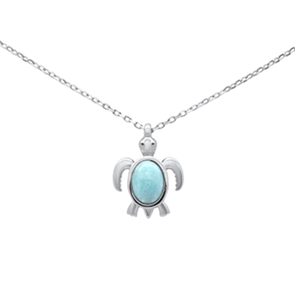 ''Oval Shaped Natural Larimar Turtle .925 Sterling Silver PENDANT Necklace 16-18'''' Extension''