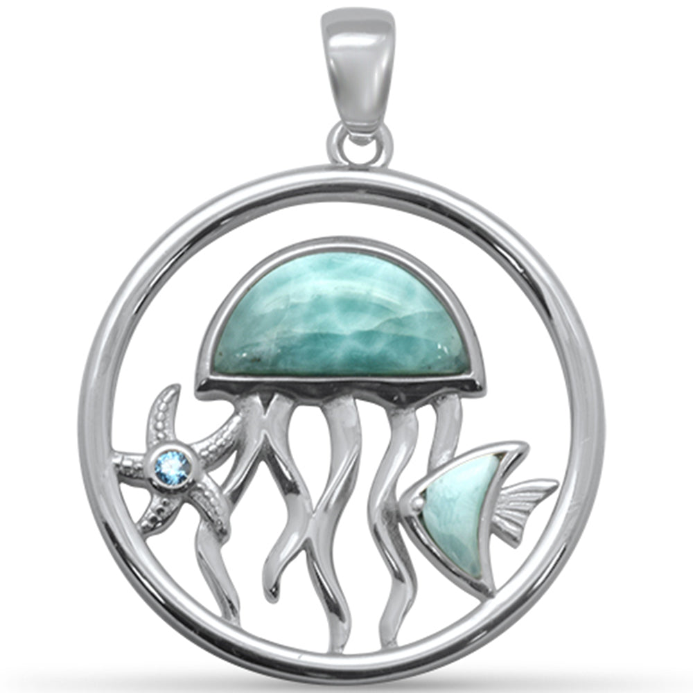 ''Natural Larimar Jellyfish, Fish, Star & AQUAMARINE CZ .925 Steling Silver Pendant''