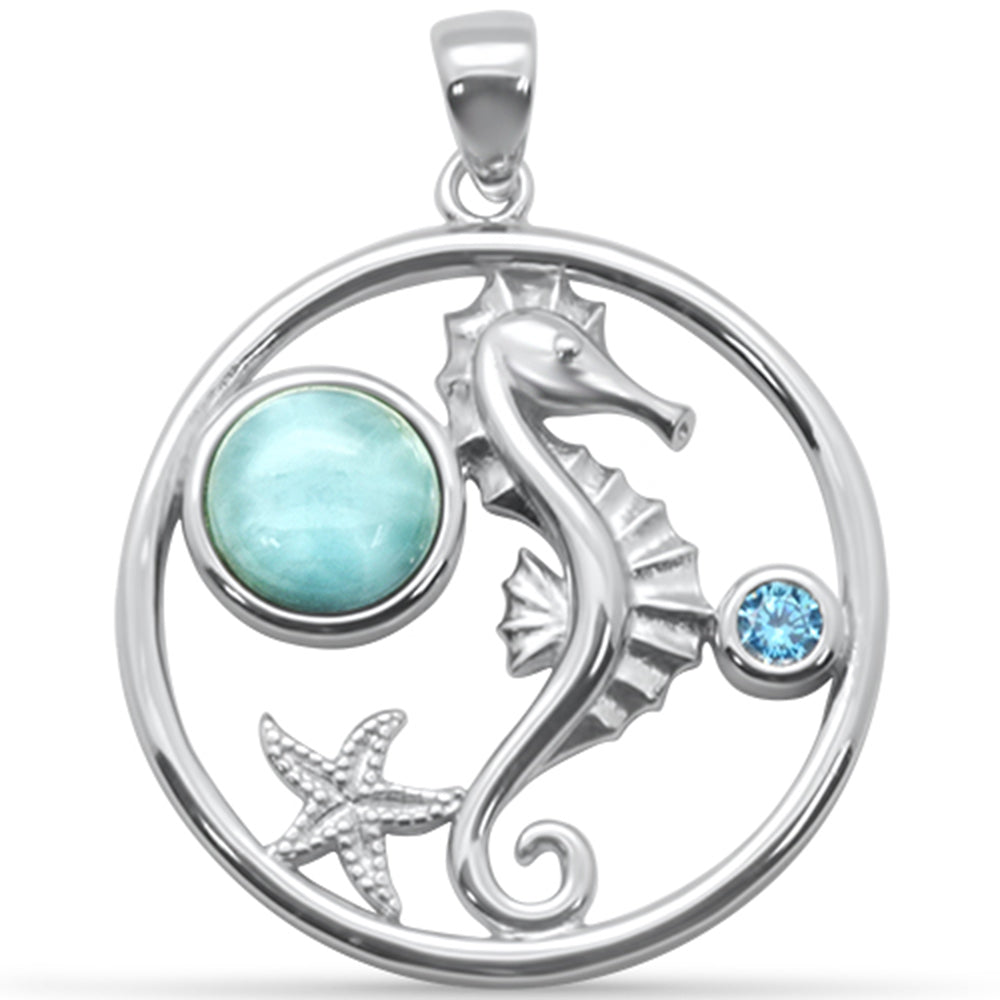 ''Round Natural Larimar Seahorse, Starfish & AQUAMARINE CZ .925 Steling Silver Pendant''