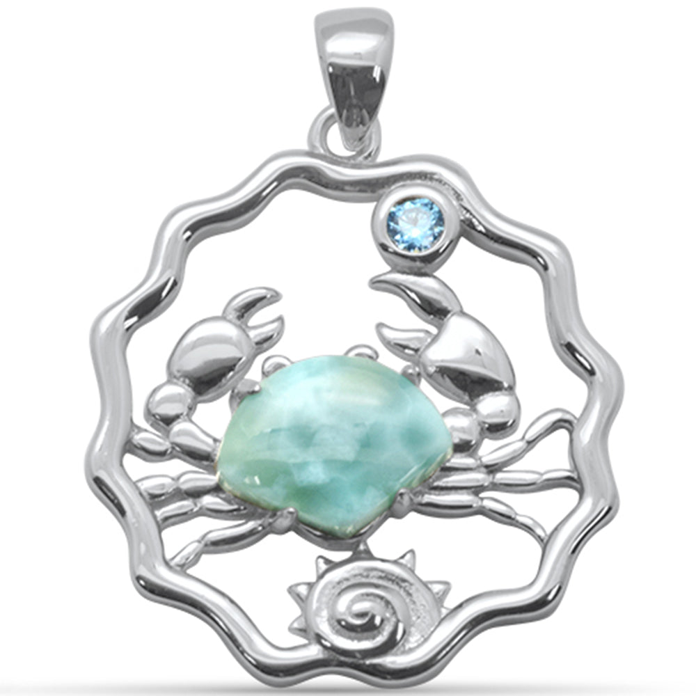 ''Natural Larimar Crab, Shell & AQUAMARINE CZ .925 Steling Silver Pendant''