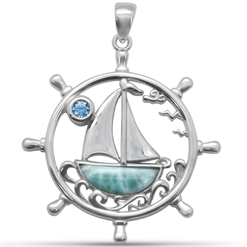 Natural Larimar Sailboat & AQUAMARINE CZ .925 Steling Silver Pendant