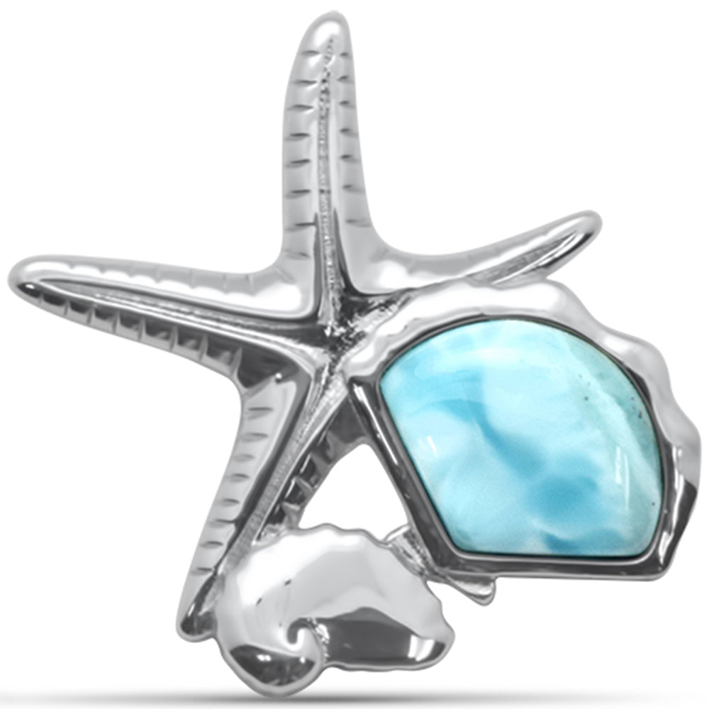 Natural Larimar Conch and Starfish & Aquamarine CZ .925 Steling Silver PENDANT