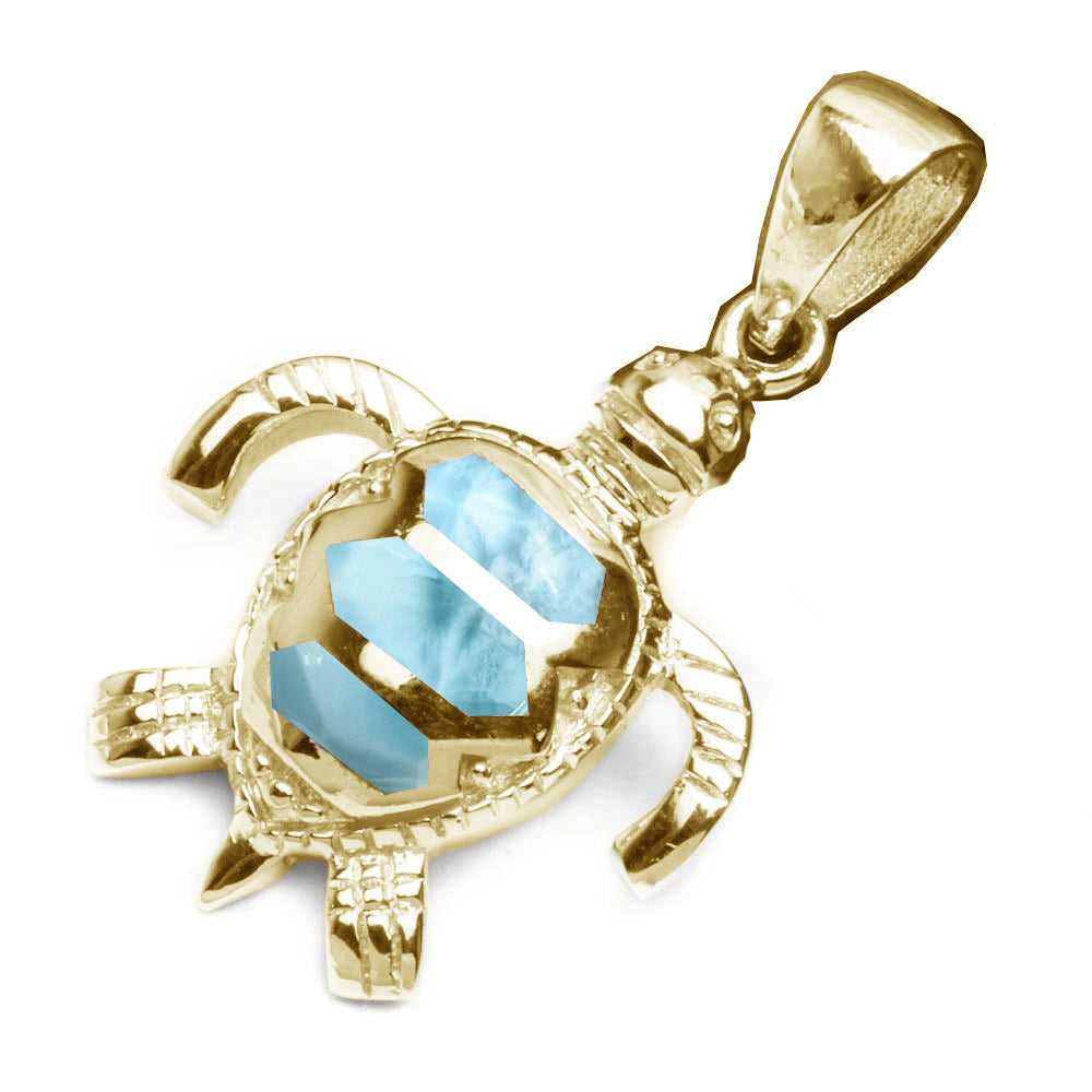 Yellow GOLD Plated Natural Larimar Turtle .925 Sterling Silver Pendant