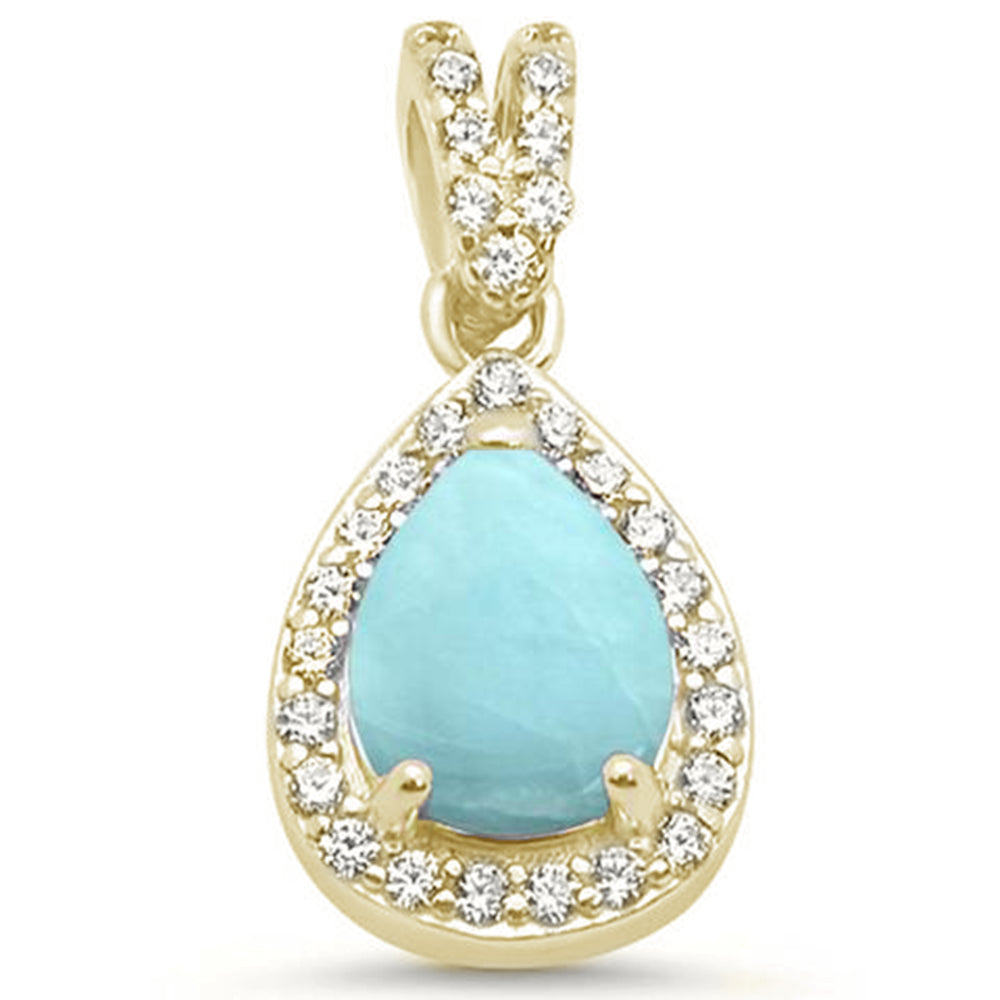 Yellow GOLD Plated Pear Natural Larimar & CZ .925 Sterling Silver Pendant