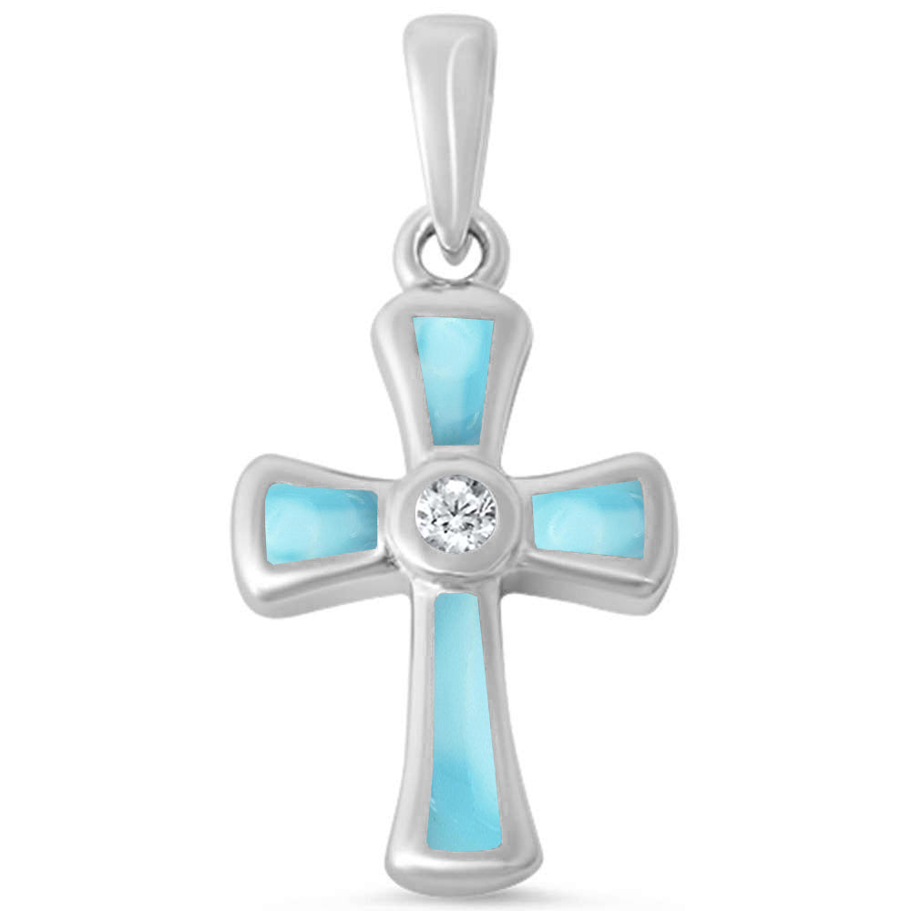 Round Cubic Zirconia & Natural Larimar Cross .925 STERLING SILVER Pendant