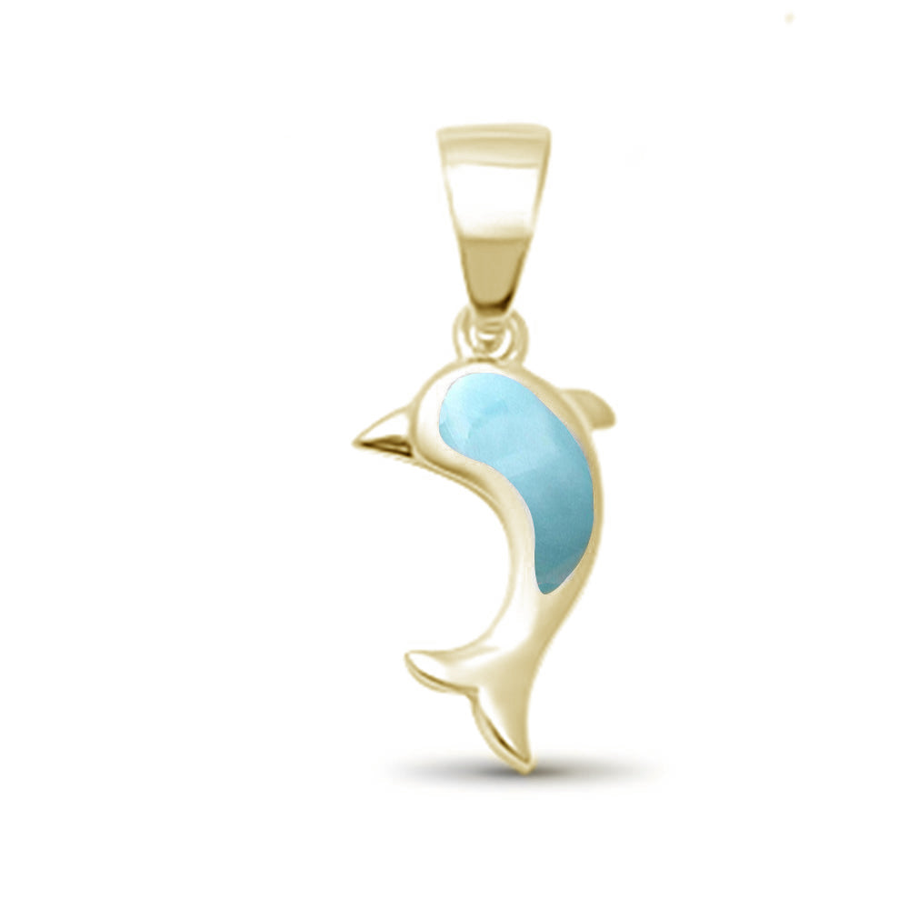 Yellow Gold Plated Natural Larimar Dolphin .925 Sterling Silver PENDANT