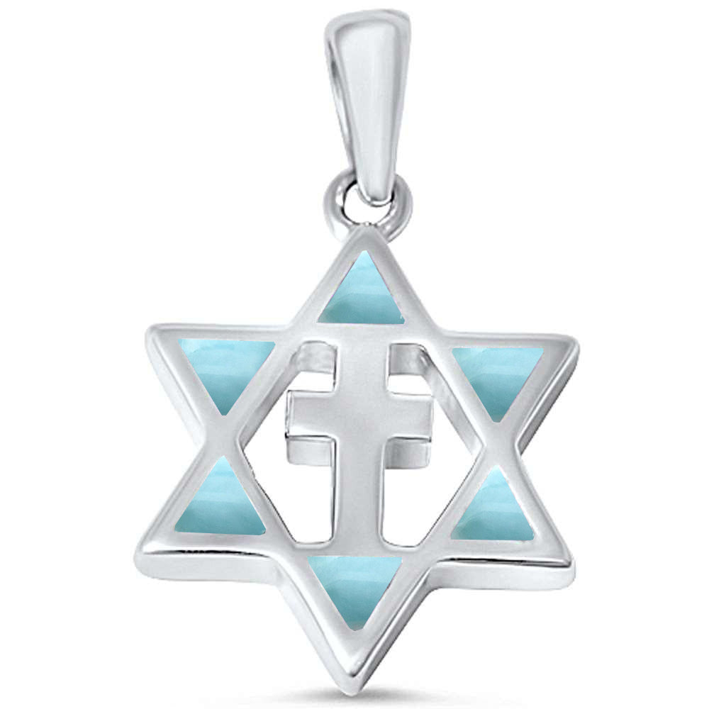 Natural Larimar Star of David with Cross .925 Sterling Silver PENDANT