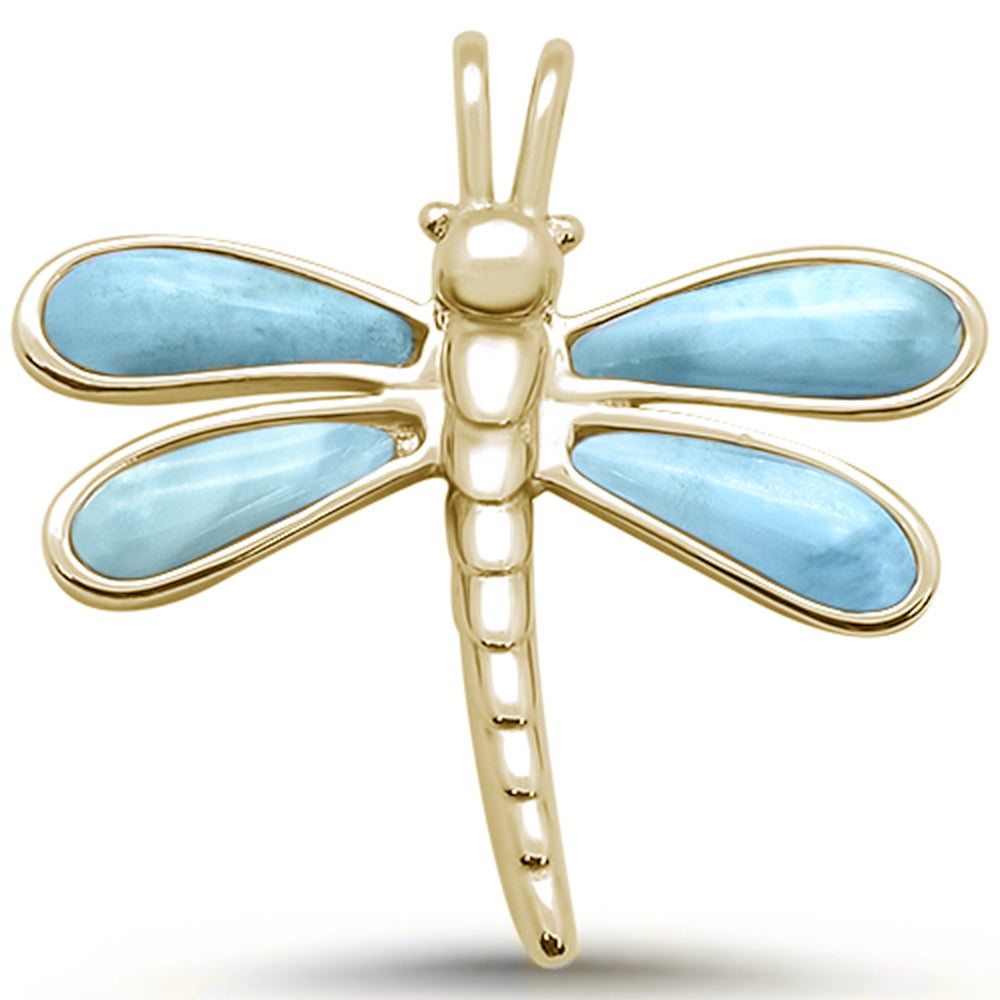 Yellow Gold Plated Natural Larimar Dragonfly .925 STERLING SILVER Pendant