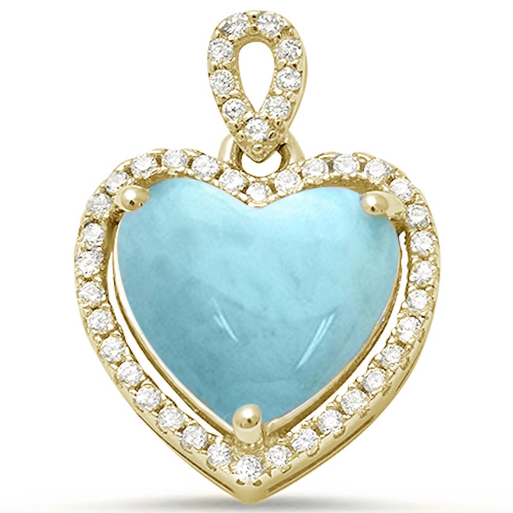 Yellow Gold Plated Natural Larimar & Cz Heart CHARM .925 Sterling Silver Pendant