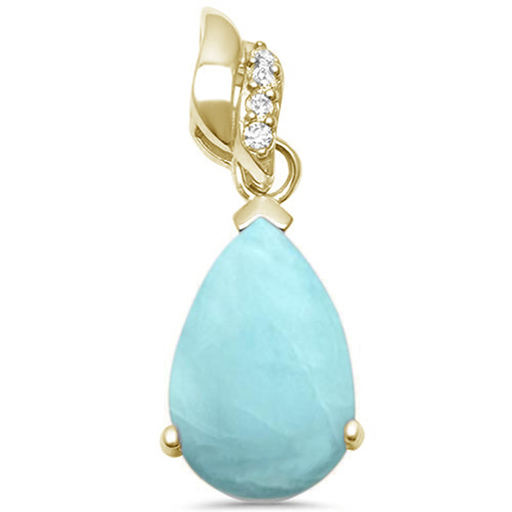 Yellow Gold Plated Natural Larimar Pear Shape & Cubic Zirconia .925 STERLING SILVER Pendant
