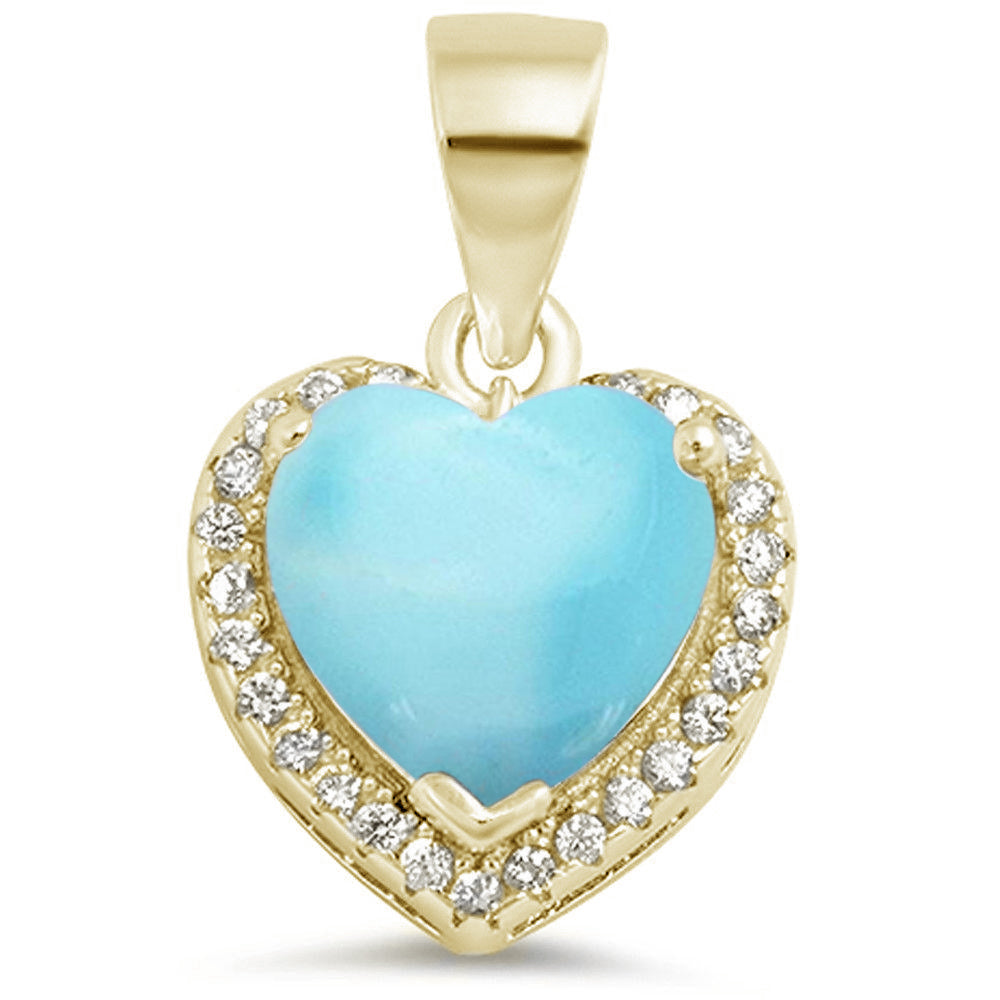 Yellow GOLD Plated Natural Larimar Heart with CZ .925 Sterling Silver Pendant
