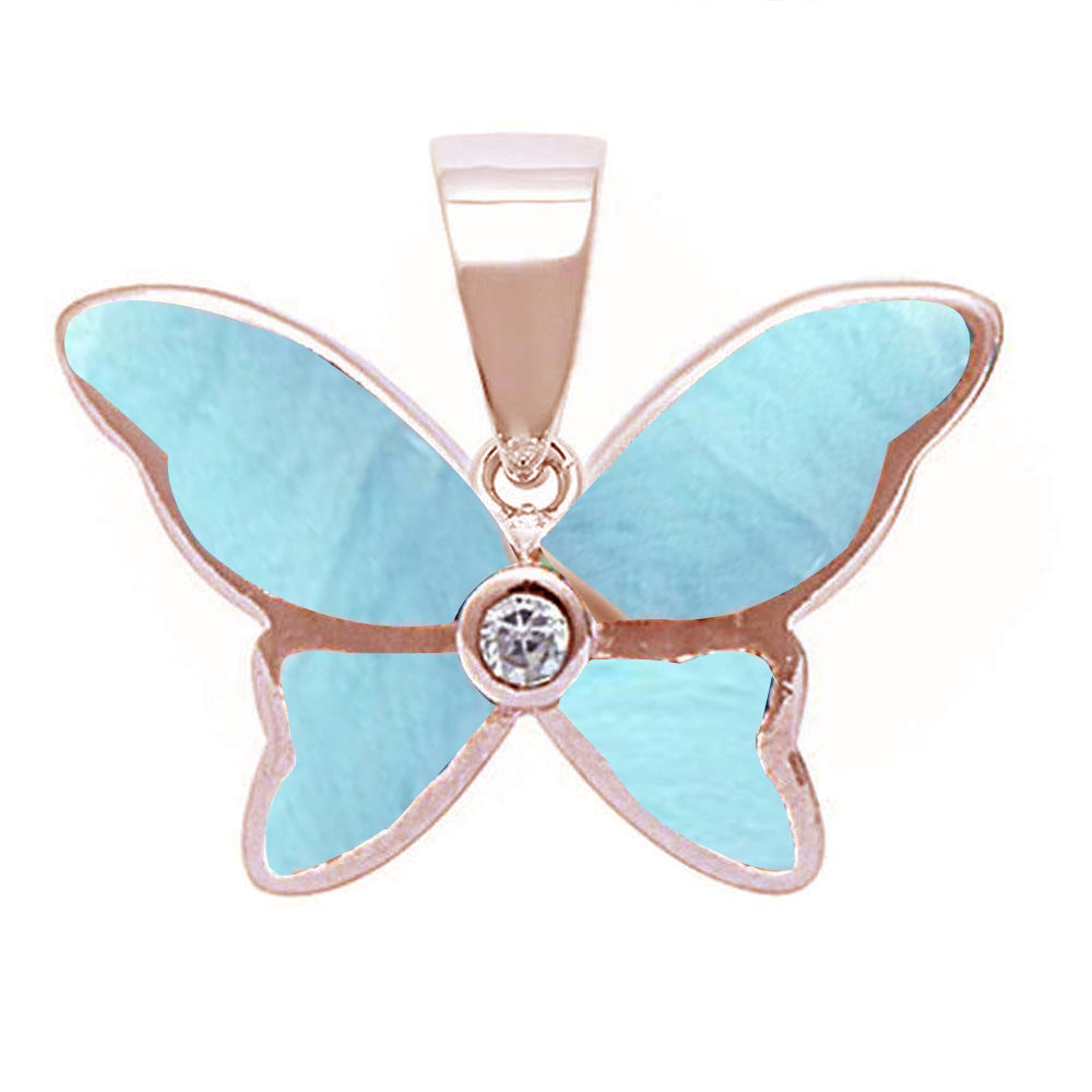 Rose Gold Plated Natural Larimar Butterfly .925 STERLING SILVER Pendant