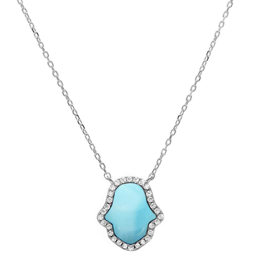 ''Natural Larimar Hand of Hamsa .925 STERLING SILVER Pendant Necklace 16''''+1'''' Ext.''