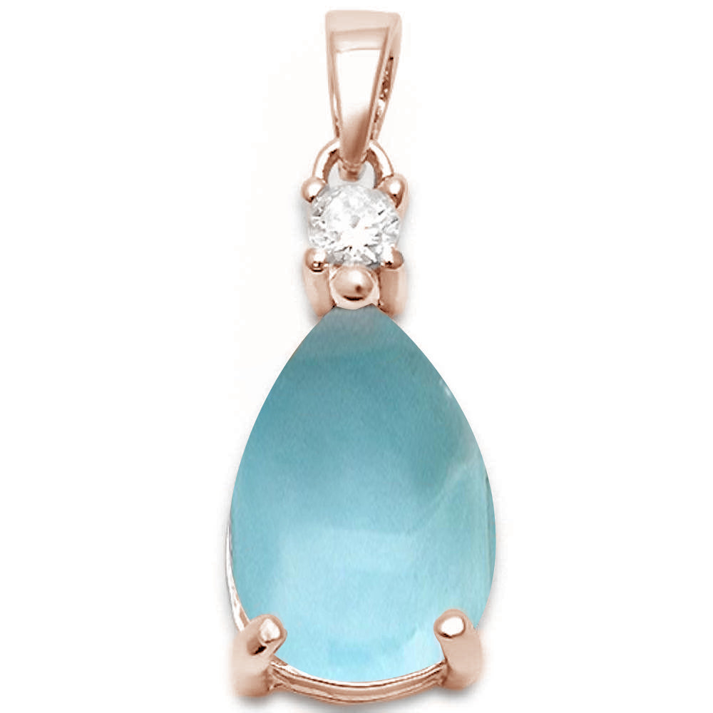 Rose GOLD Plated Pear Shape Natural Larimar & Cubic Zirconia .925 Sterling Silver Pendant