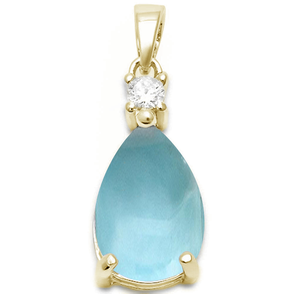 Yellow GOLD Plated Pear Shape Natural Larimar & Cubic Zirconia .925 Sterling Silver Pendant