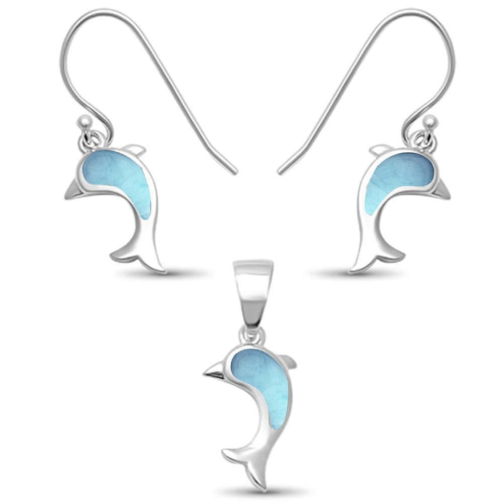 Larimar Dolphin Dangle .925 STERLING SILVER Pendant & Earrings SET