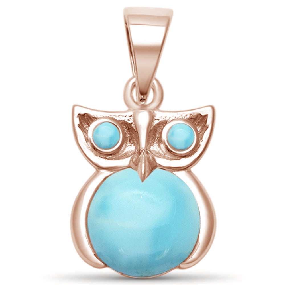 Rose GOLD Plated Natural Larimar Whimsical Owl .925 Sterling Silver Pendant