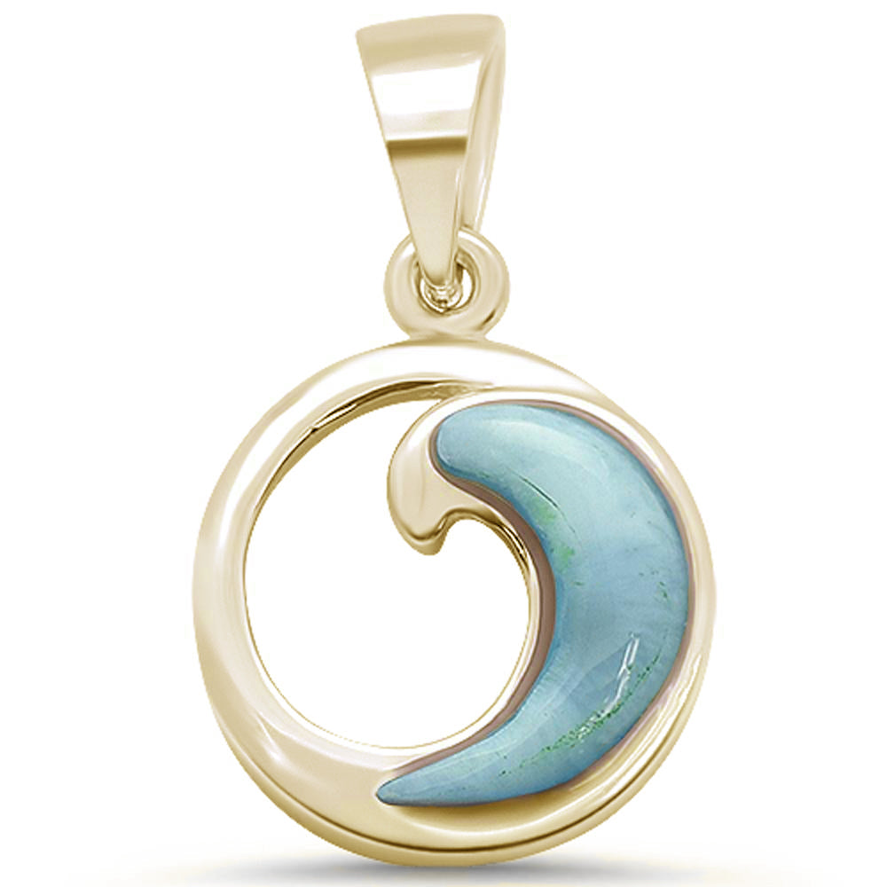 Yellow GOLD Plated Natural Larimar Wave Deisgn .925 Sterling Silver Pendant