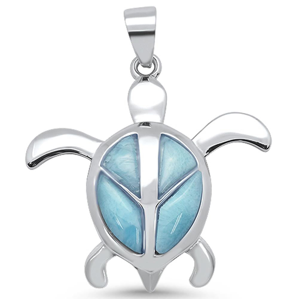 Natural Larimar Turtle with Peace SIGN DeSIGN .925 Sterling Silver Pendant