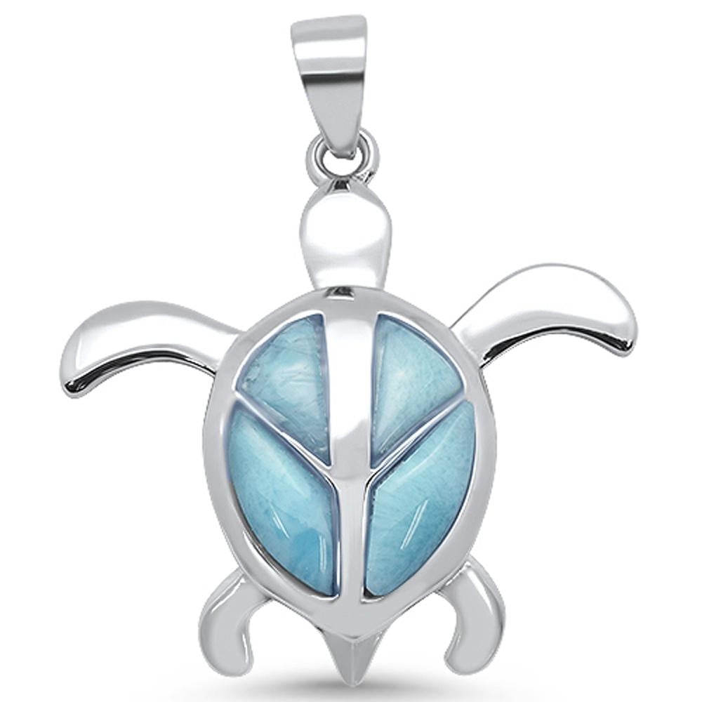 Natural Larimar Turtle with PEACE Sign Design .925 Sterling Silver Pendant