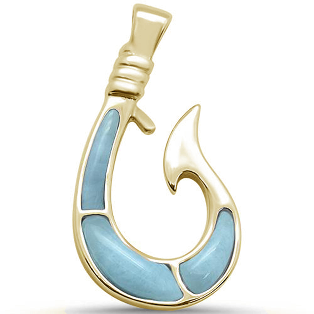 Yellow Gold Plated Natural Larimar Fish Hook .925 STERLING SILVER Pendant