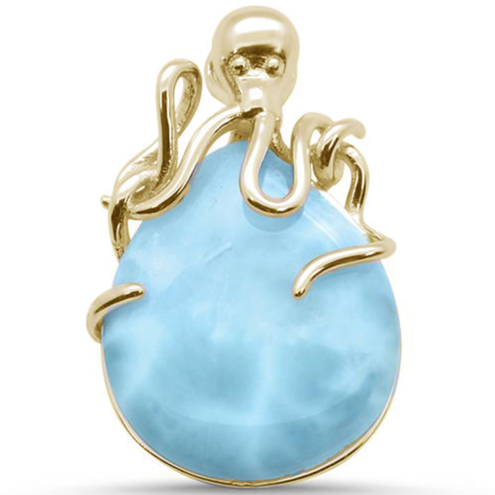 Yellow Gold Plated Natural Larimar Octopus Oval .925 Sterling Silver PENDANT