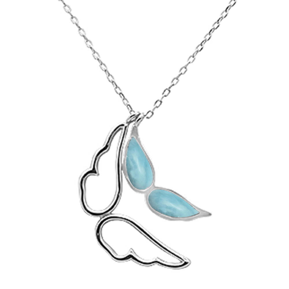 ''Natural Larimar Angel Wings Design .925 STERLING SILVER Pendant Necklace 16+1'''' Ext.''