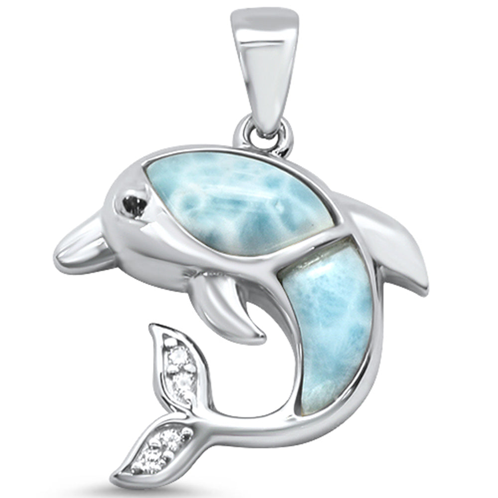 Natural Larimar Dolphin & Cz .925 Sterling Silver CHARM Pendant