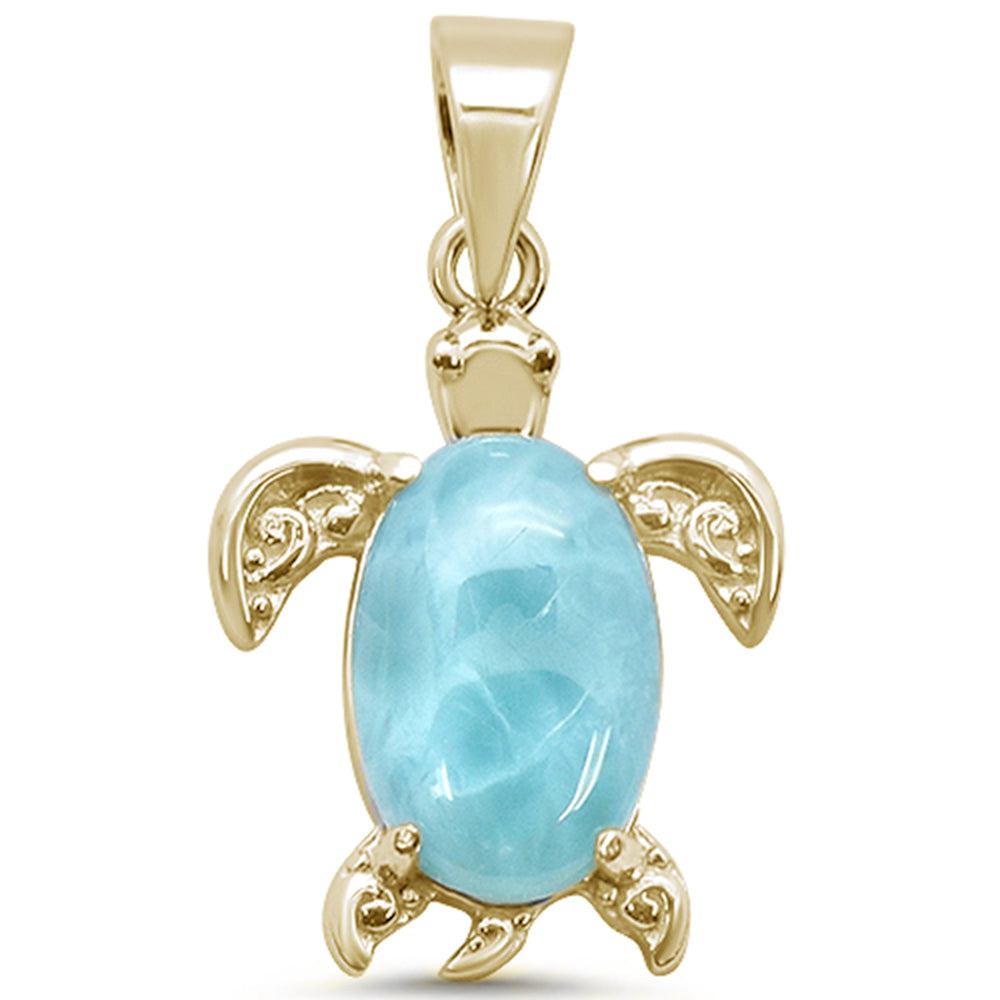 Yellow Gold Plated Natural Larimar Turtle .925 Sterling Silver Charm PENDANT