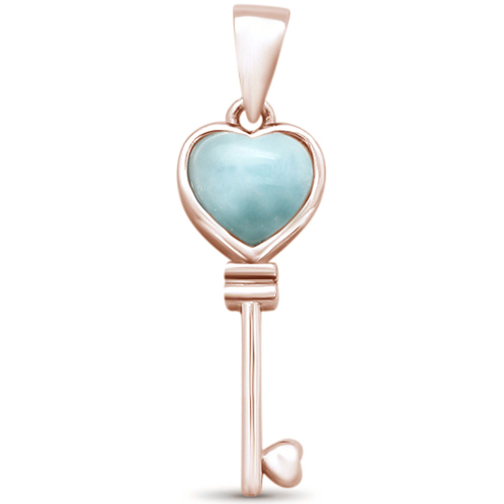 Rose Gold Plated Natural Larimar Heart Key .925 STERLING SILVER Pendant