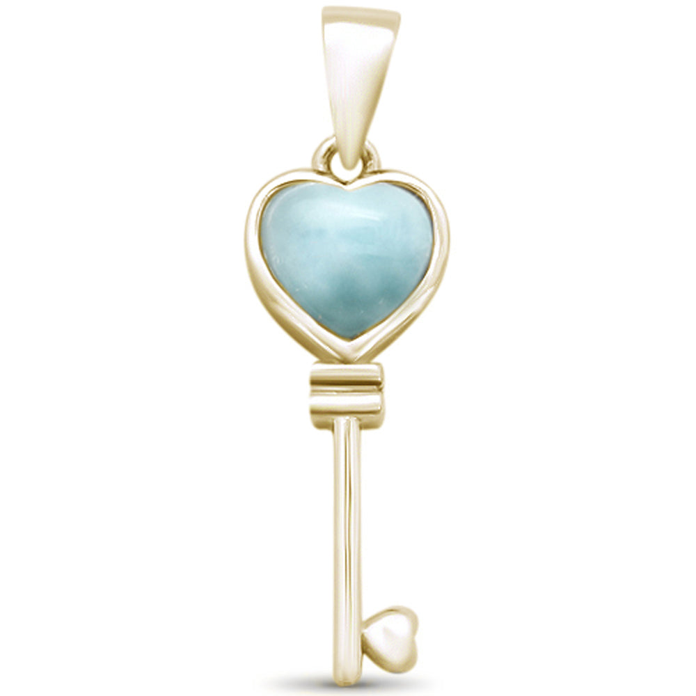 Yellow GOLD Plated Natural Larimar Heart Key .925 Sterling Silver Pendant