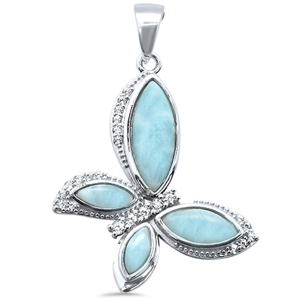 Natural Larimar & CUBIC ZIRCONIA Butterfly .925 Sterling Silver Pendant