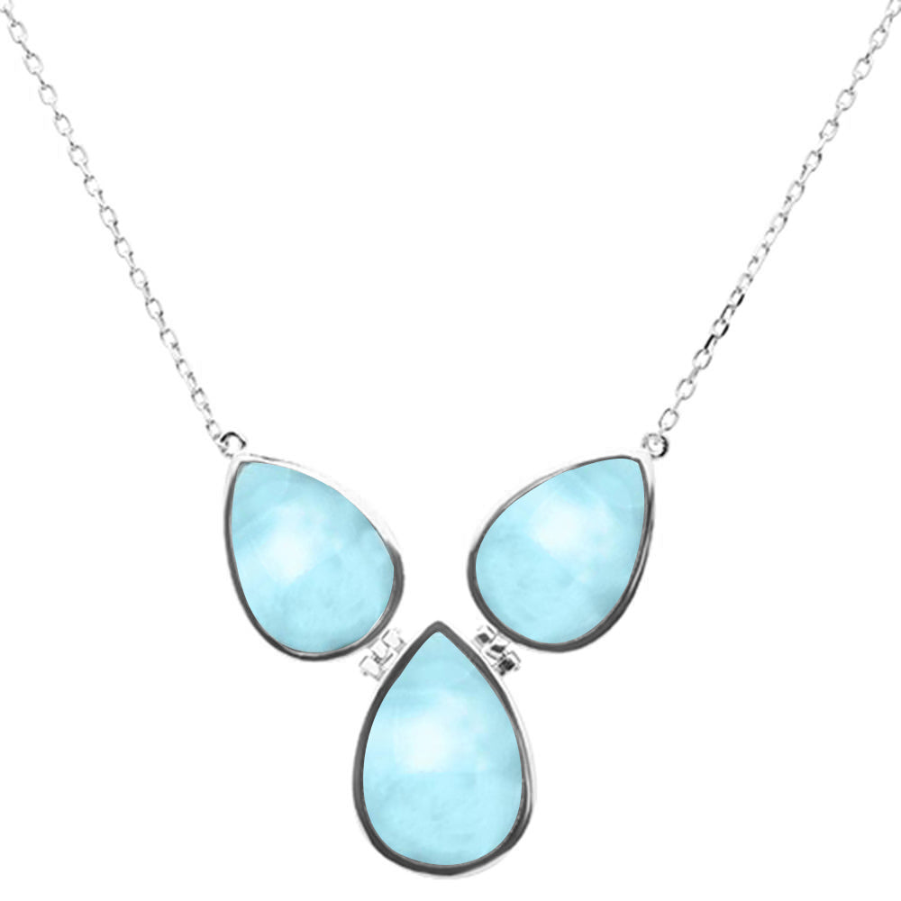 ''New Pear Natural Larimar .925 Sterling Silver Pendant NECKLACE 16''''+1'''' Long''