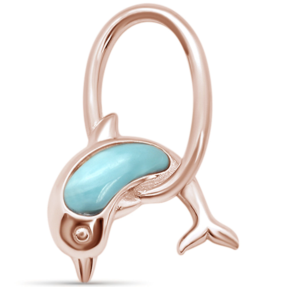 Rose Gold Plated Natural Larimar Dolphin Jumping Hoops .925 Sterling Silver CHARM Pendant